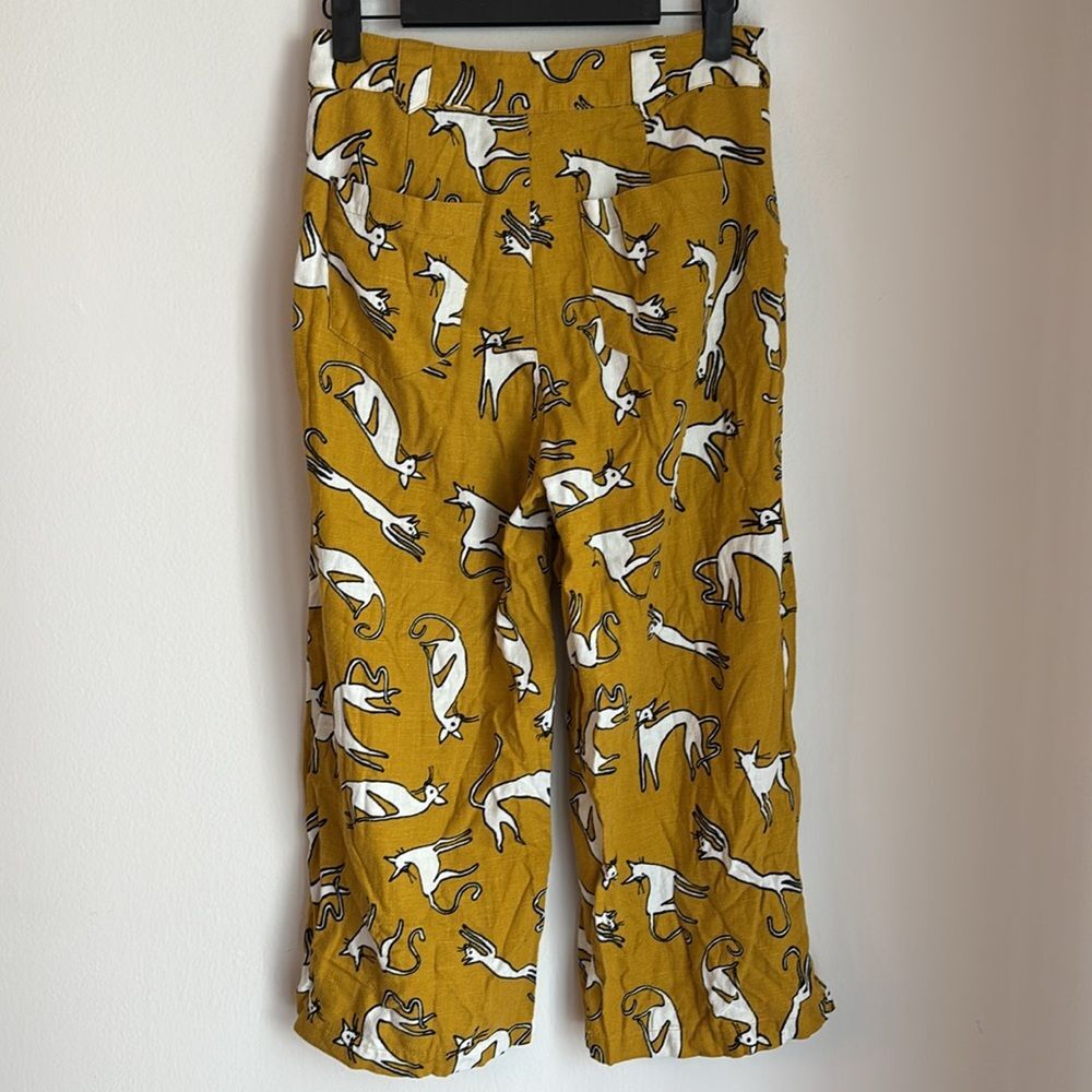 ModCloth Women’s cropped Mustard Cat novelty Print linen blend Pants size 2 EUC! - Picture 10 of 15